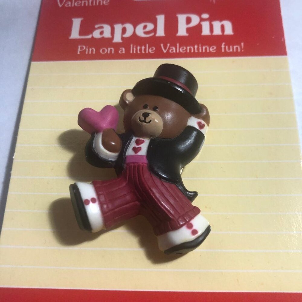 New Vintage Hallmark Valentines Lapel Pin Teddy Bear Top Hat Tuxedo Tux 80's